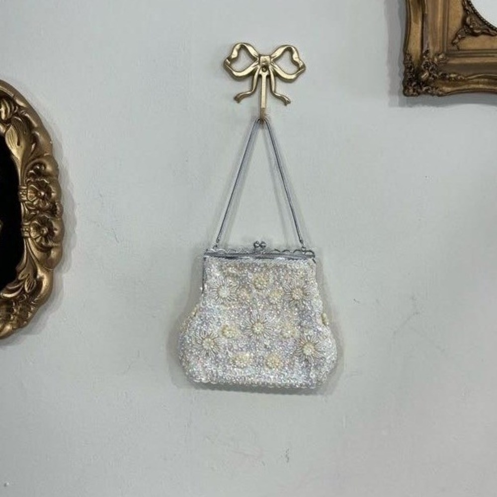 Vintage Beaded Pearl Floral Kiss-Lock Evening Bag Iridescent White Y2K Purse - Picture 1 of 4